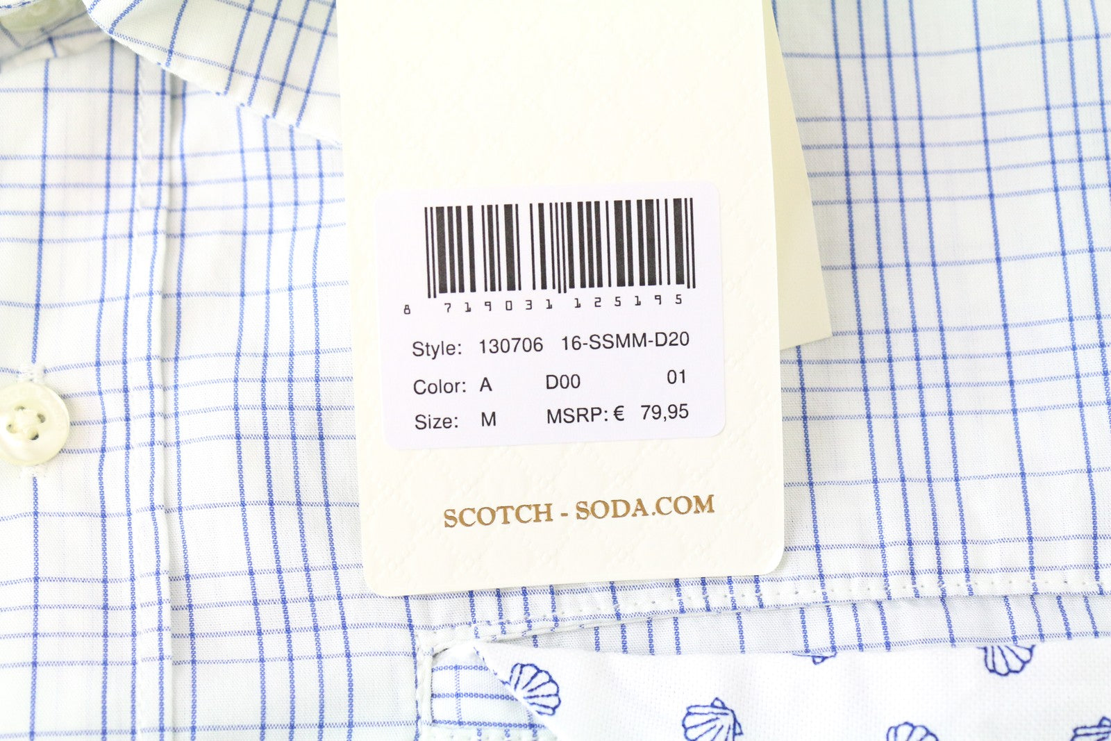 SCOTCH & SODA Men Shirt M Blue White Patch Pocket Checked Button-Up Pure Cotton