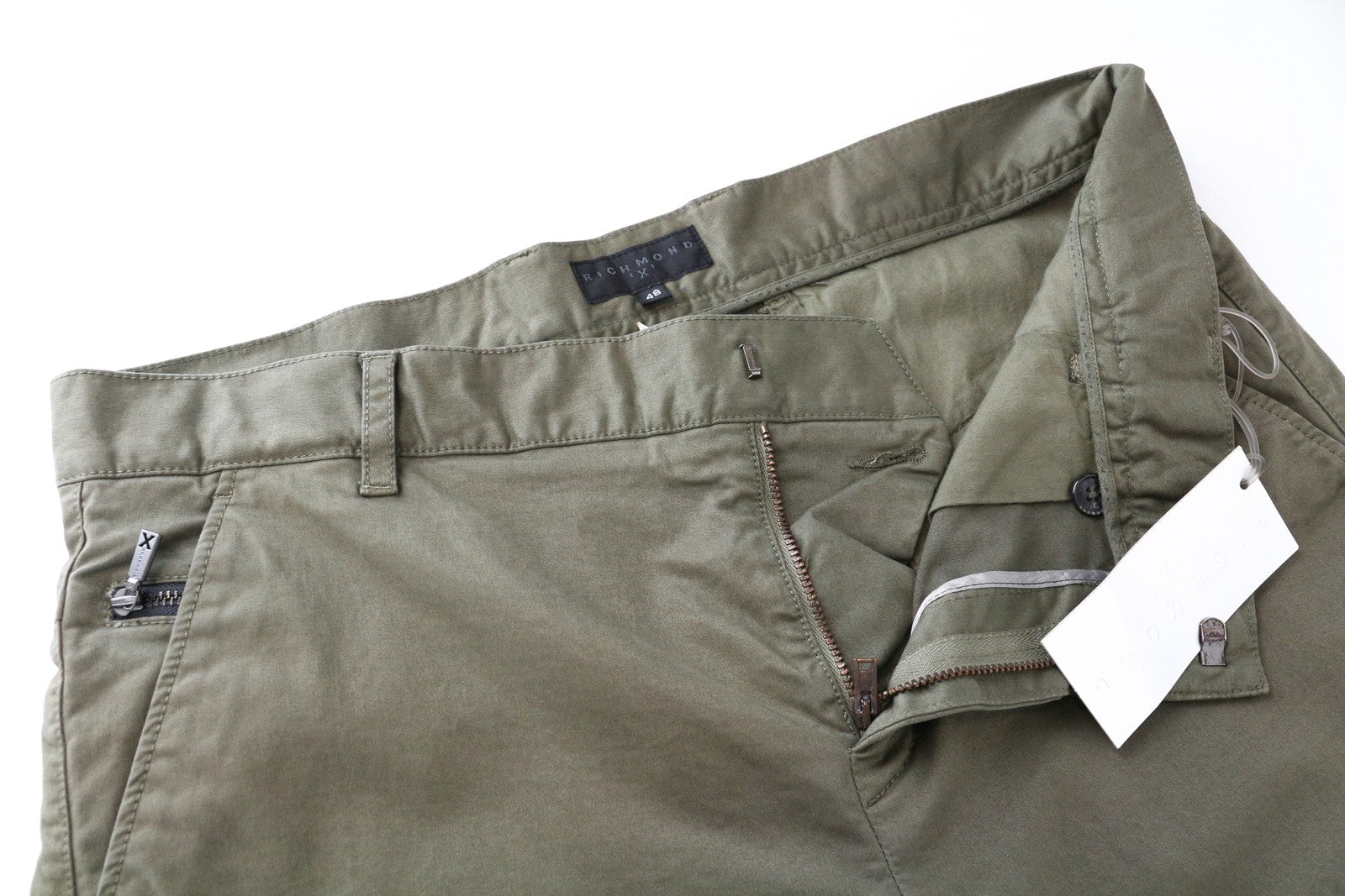 RICHMOND X Men Trousers 48 Straight Khaki Green Zip-Fly Stretchy Chino Style