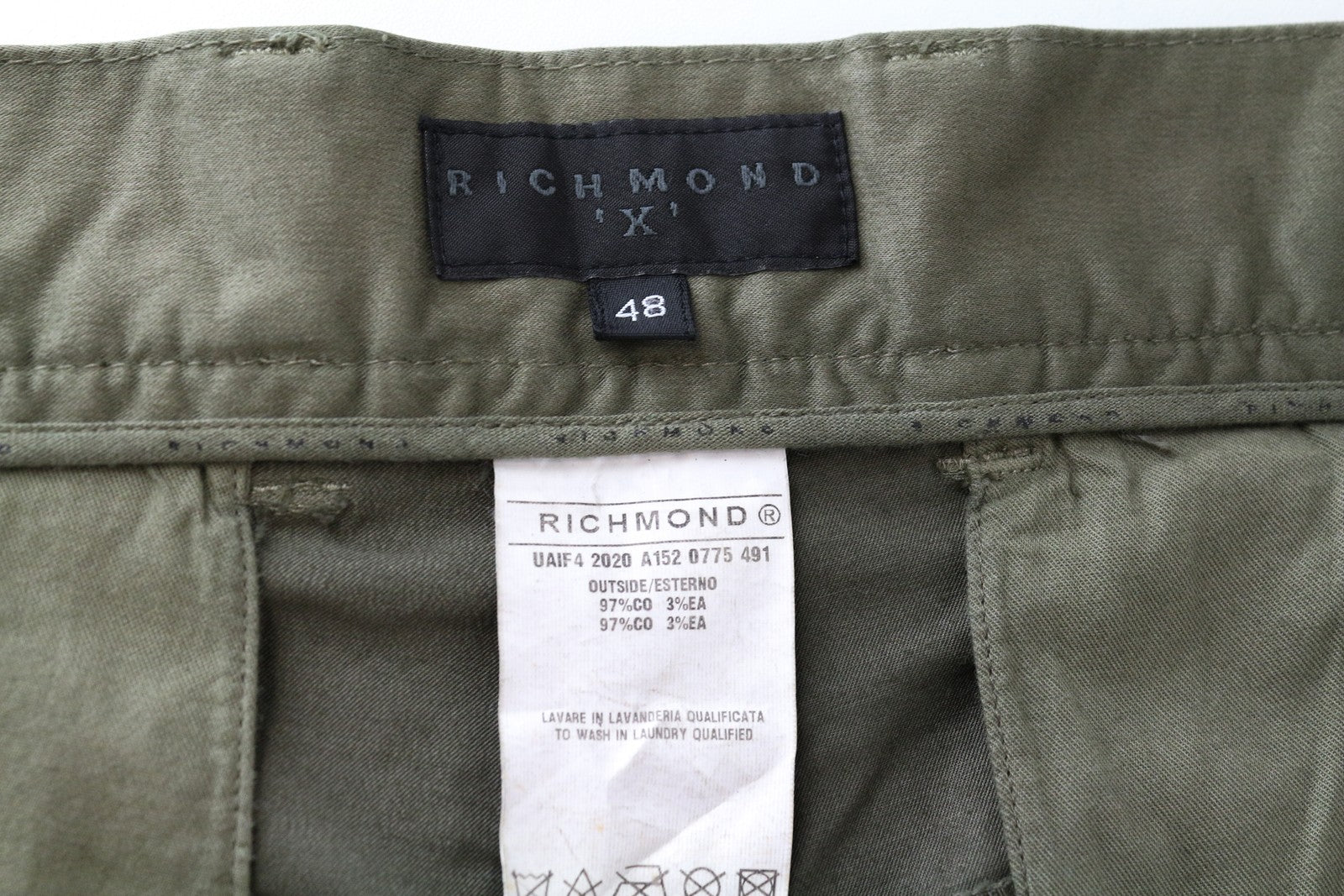 RICHMOND X Men Trousers 48 Straight Khaki Green Zip-Fly Stretchy Chino Style