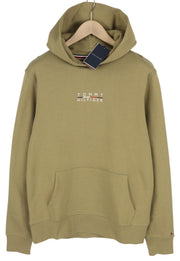 TOMMY HILFIGER Square Logo Men Hoodie L Brown Kangaroo Pocket Hooded Pull On
