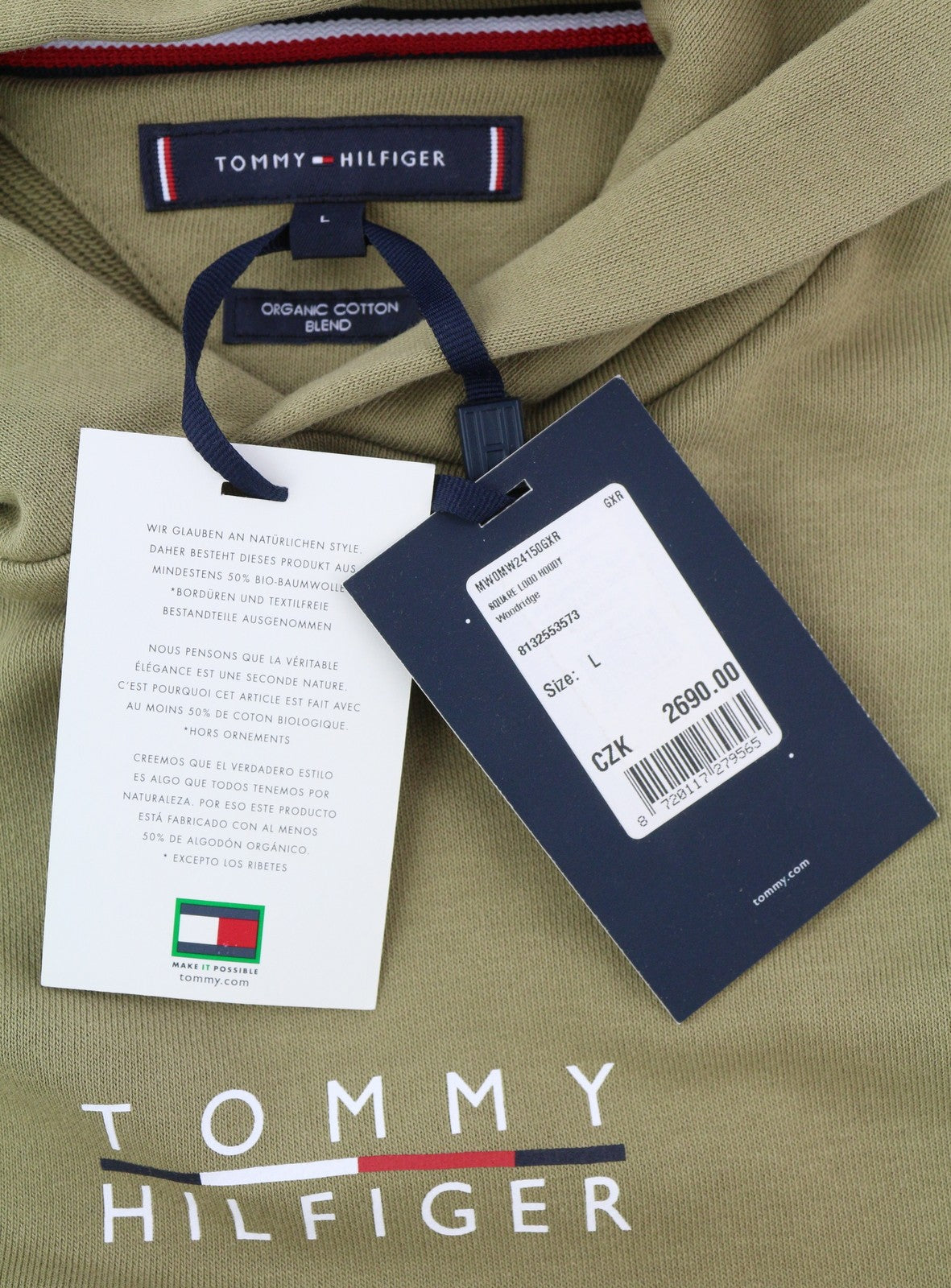 TOMMY HILFIGER Square Logo Men Hoodie L Brown Kangaroo Pocket Hooded Pull On