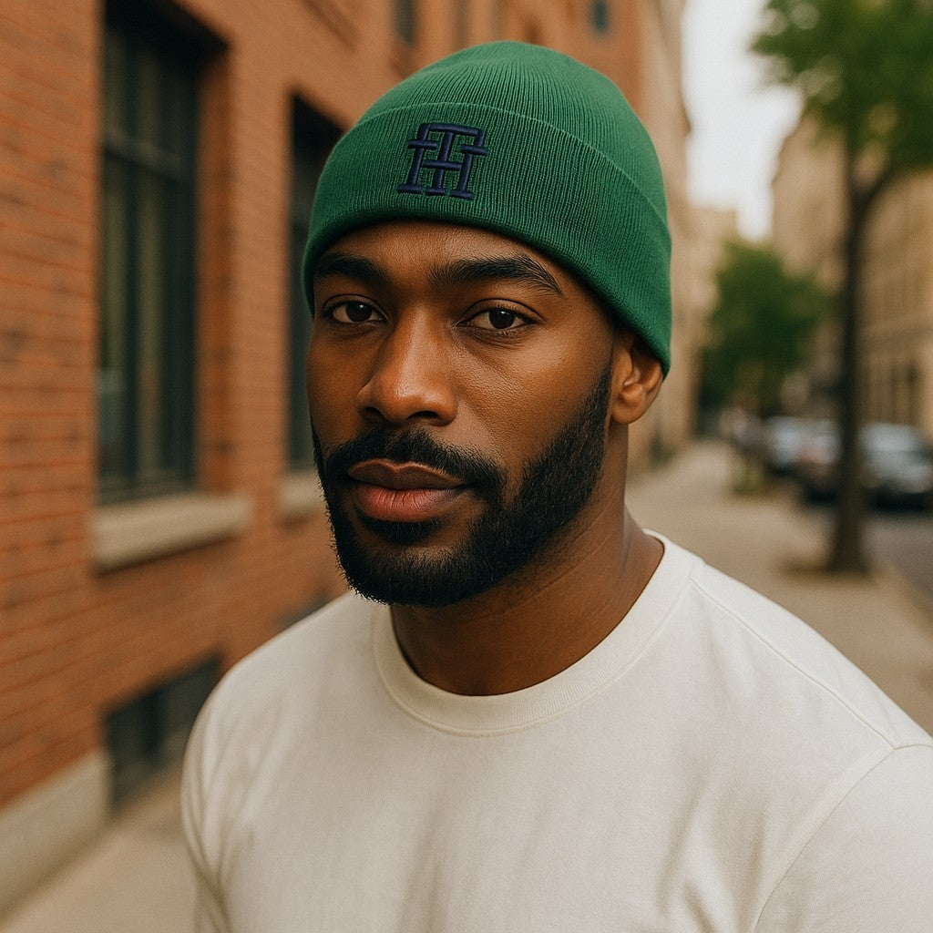 TOMMY HILFIGER New Prep Beanie Men Hat OS Green Cotton Knit Embroidered