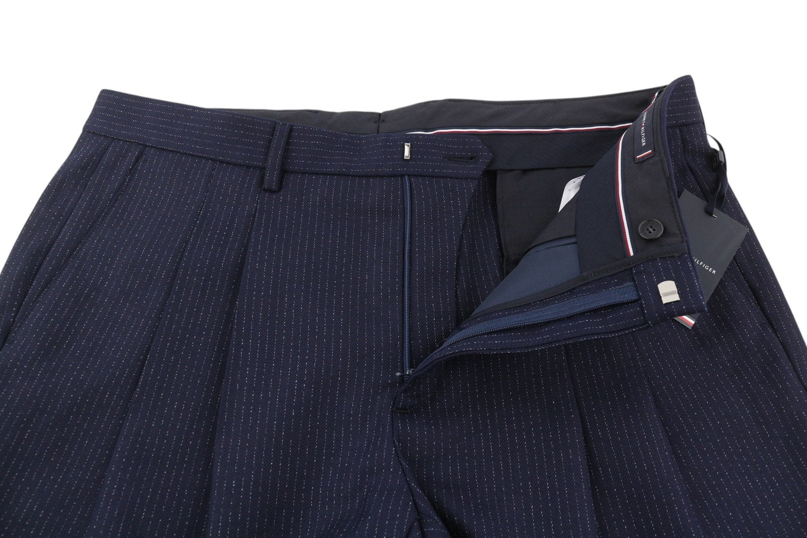 TOMMY HILFIGER Wave Pinstripe Men Trousers W32 Blue Wool Blend Pleated RRP169