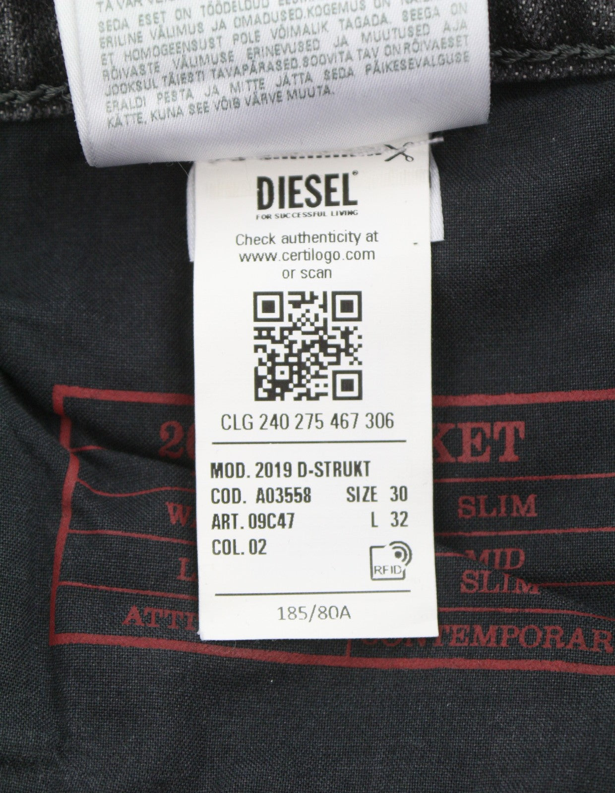 DIESEL 2019 D-Strukt 09C47 Men Jeans W30/L32 Grey Whiskers Faded Slim Fit