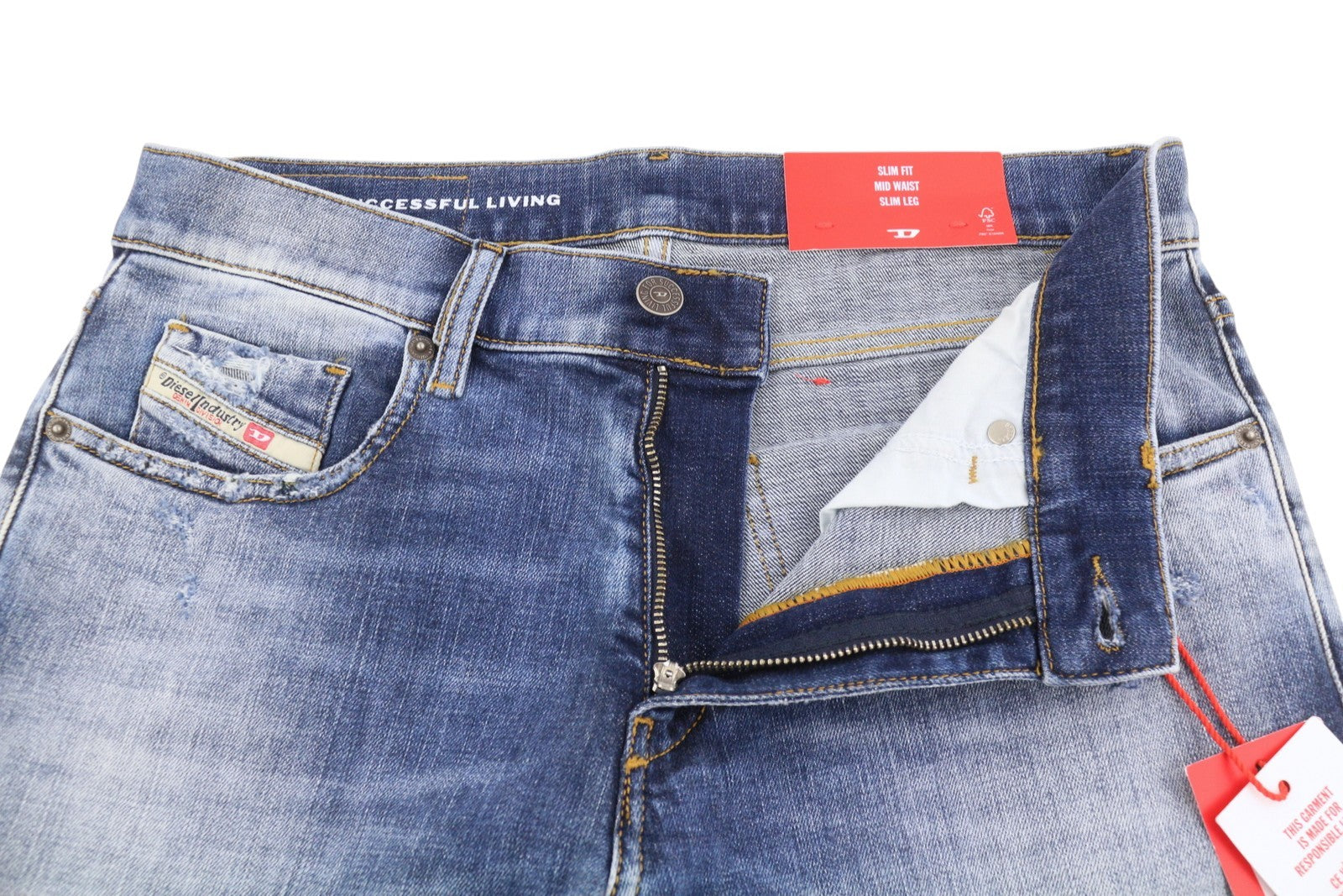 DIESEL 2019 D-Strukt 09G32 Men Jeans W29/L34 Blue Whiskers Faded Distress RRP180