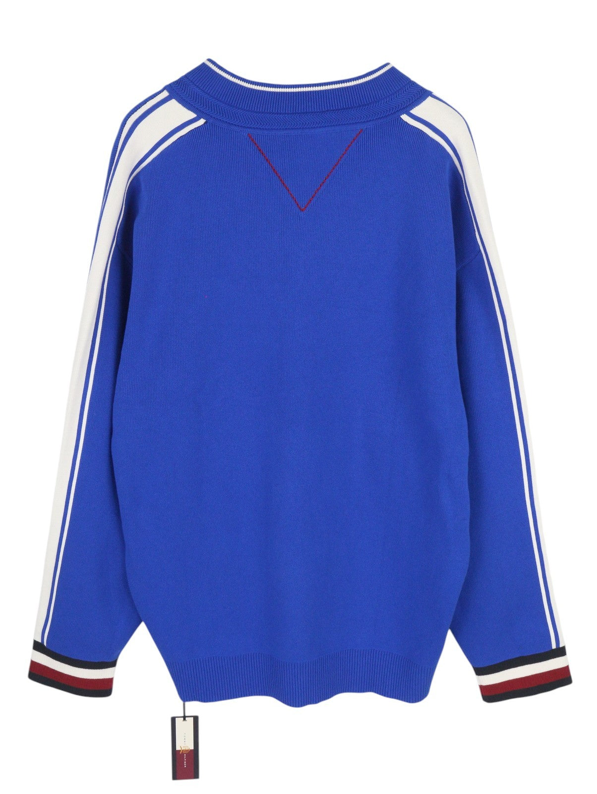 TOMMY HILFIGER V-Neck Cricket Men Jumper XL Blue Tight-Knit Patch Logo Pull On