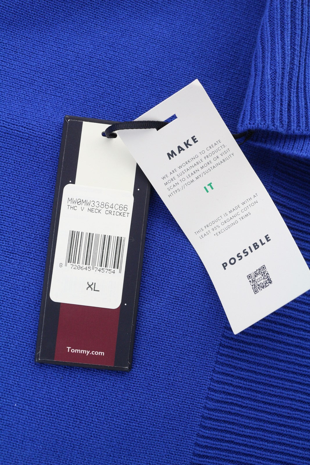TOMMY HILFIGER V-Neck Cricket Men Jumper XL Blue Tight-Knit Patch Logo Pull On