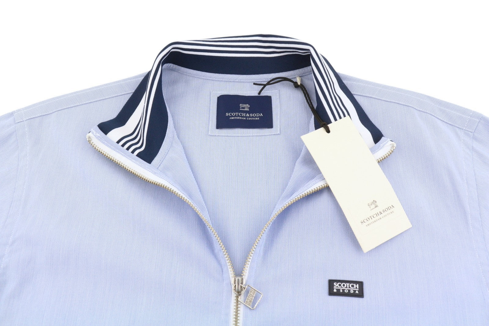 SCOTCH & SODA Men Jacket M Blue Pinstriped High Neck Full Zip Lightweight