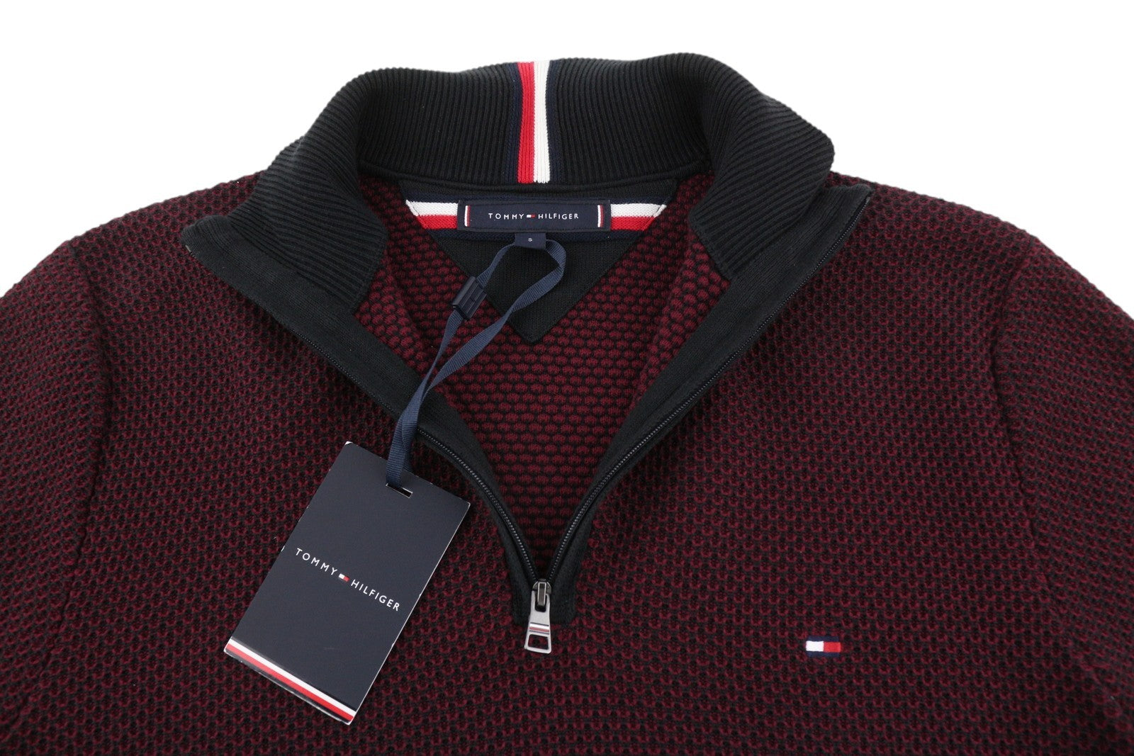 TOMMY HILFIGER 2-Tone Zip Mock Men Jumper S Burgundy Knitted Pull On RRP169