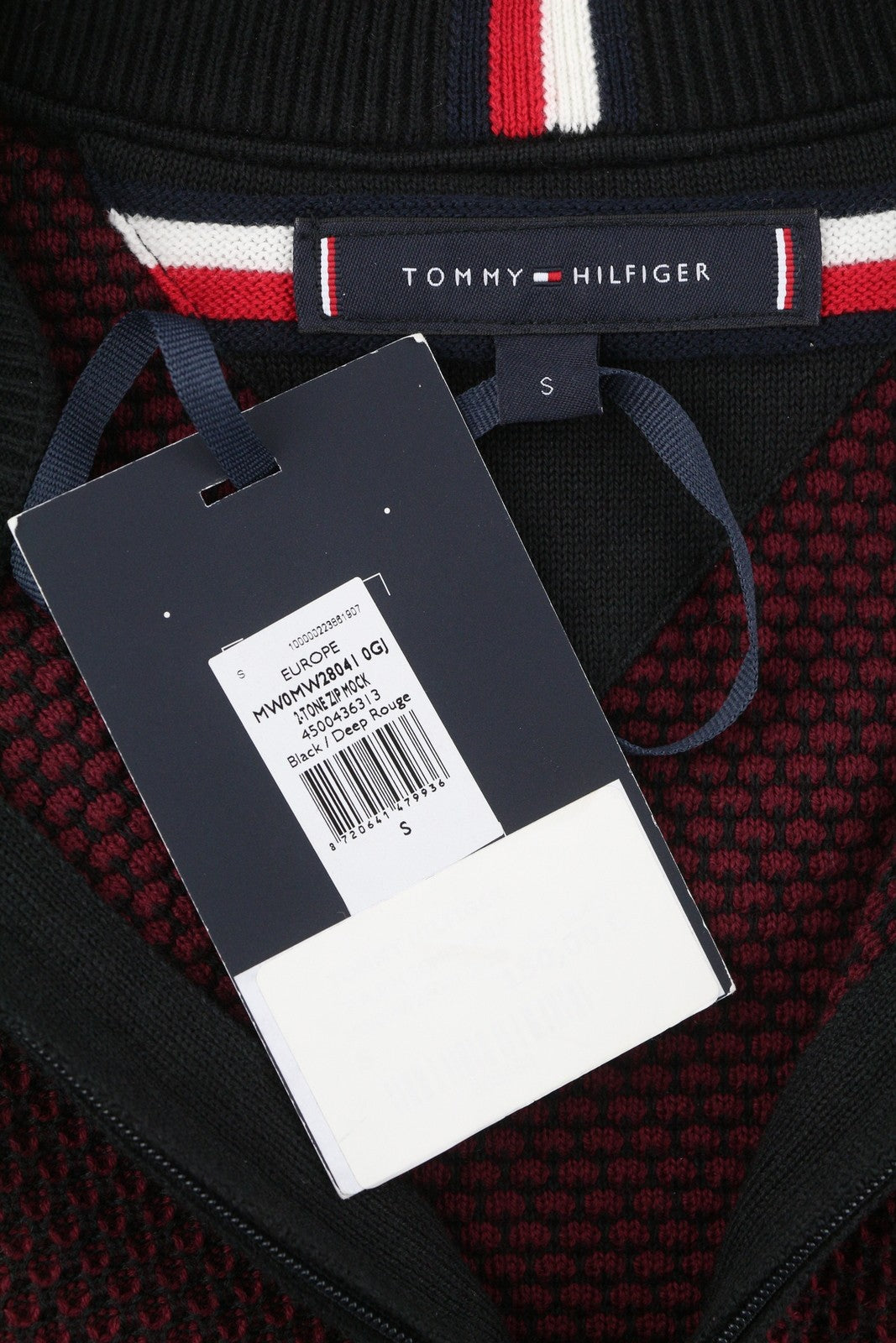 TOMMY HILFIGER 2-Tone Zip Mock Men Jumper S Burgundy Knitted Pull On RRP169