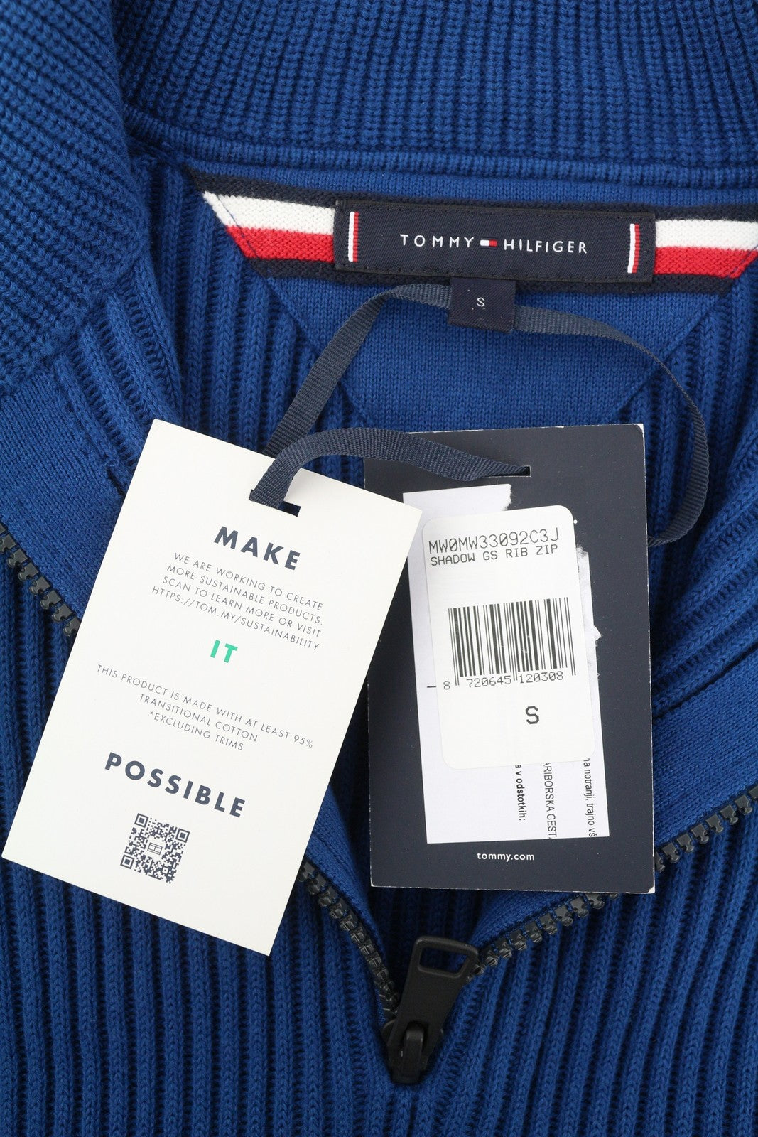 TOMMY HILFIGER Shadow Gs Rib Zip Men Jumper S Blue Knitted High Neck Pull On