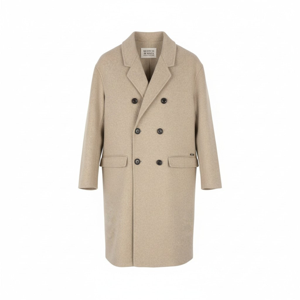 SCOTCH & SODA Men Coat M Light Beige Melange Double-Breasted Mid-Length
