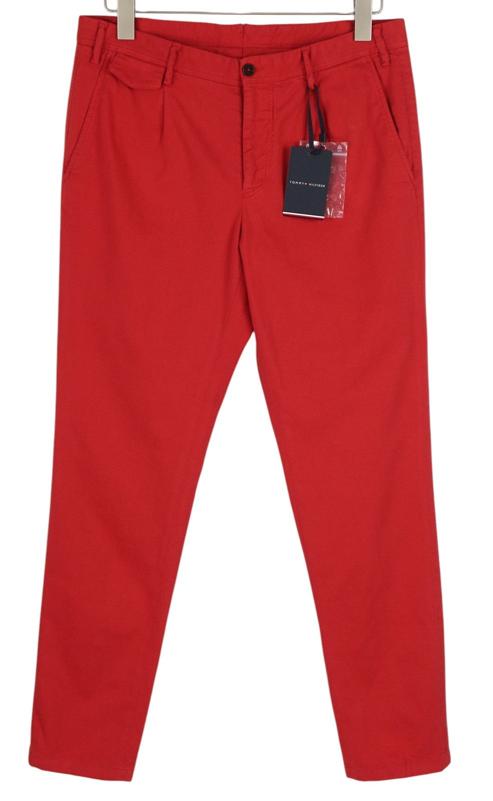 TOMMY HILFIGER Twill Stretch Men Trousers W32 Red Pleated Slim Fit Zip Casual