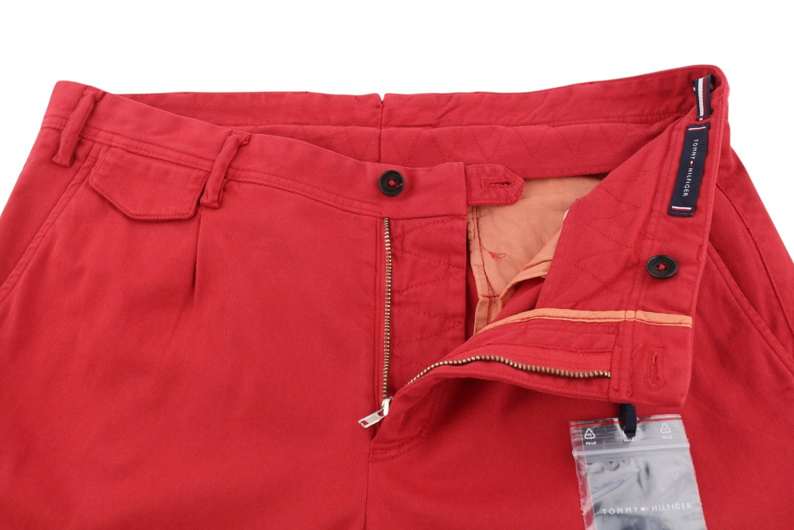 TOMMY HILFIGER Twill Stretch Men Trousers W32 Red Pleated Slim Fit Zip Casual
