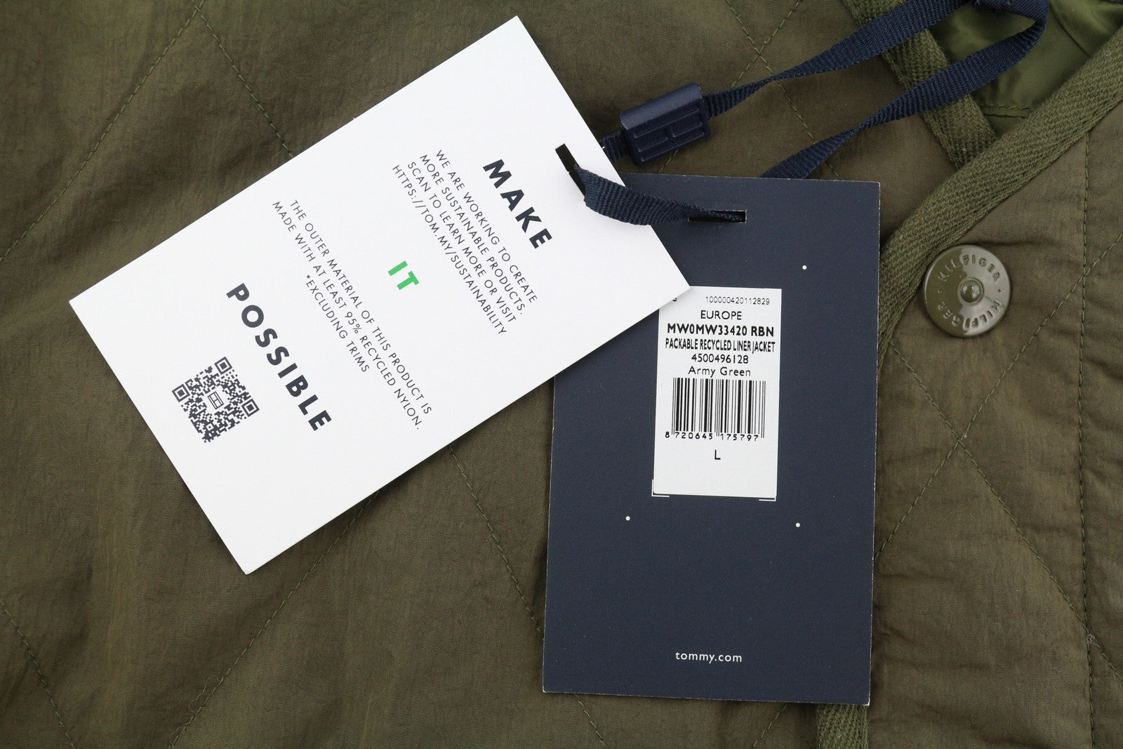 TOMMY HILFIGER Packable Recycled Liner Men Jacket L Khaki Green Padded RRP239