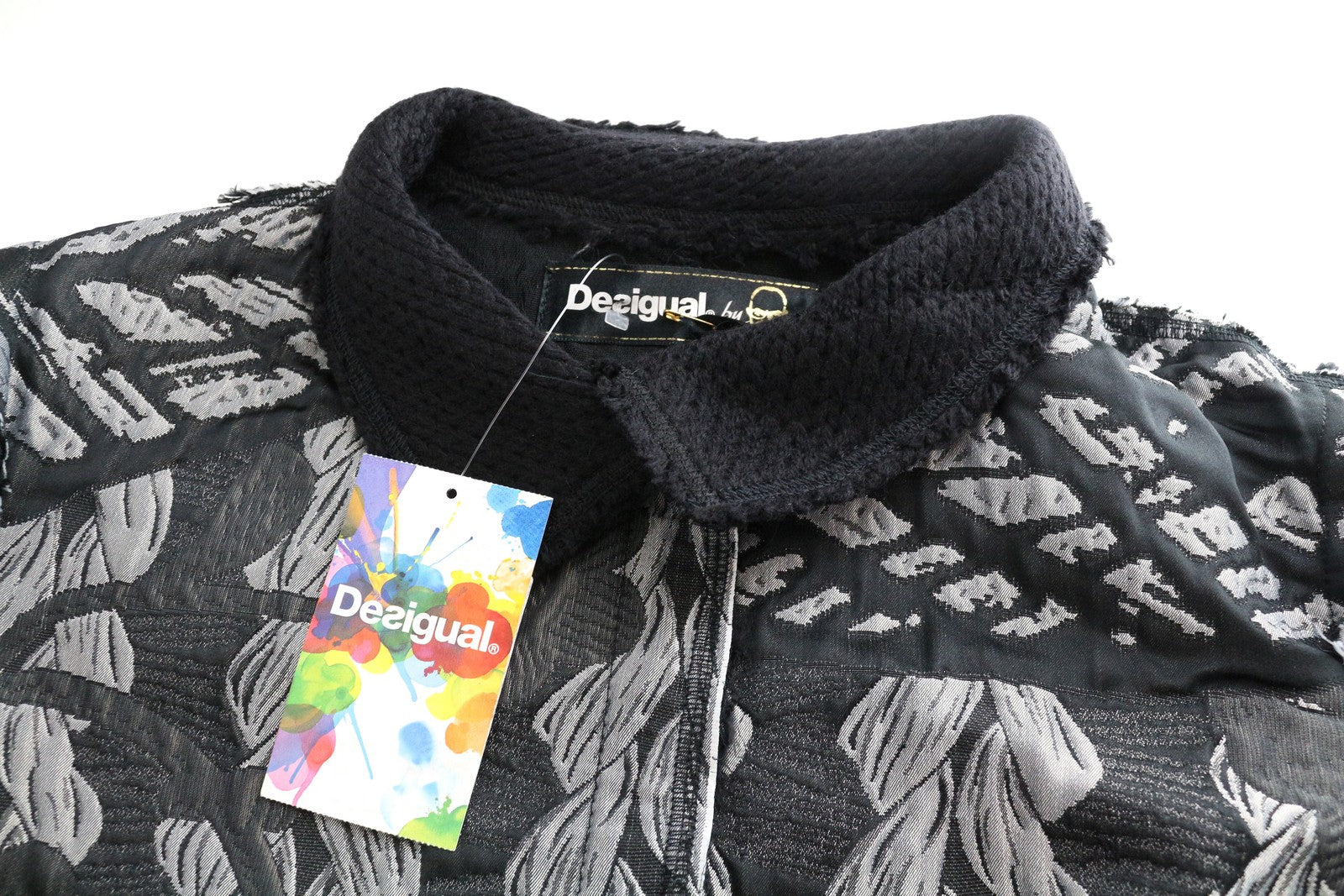 DESIGUAL Women Coat 38 Grey Patterned Single-Breasted Long Sleeved Collared