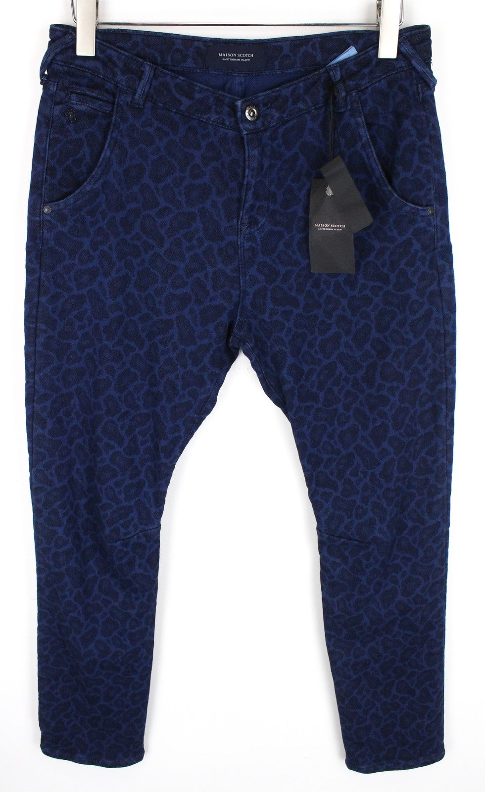 MAISON SCOTCH Mademoiselle Women Trousers L Blue Taper Cotton Stretch Patterned