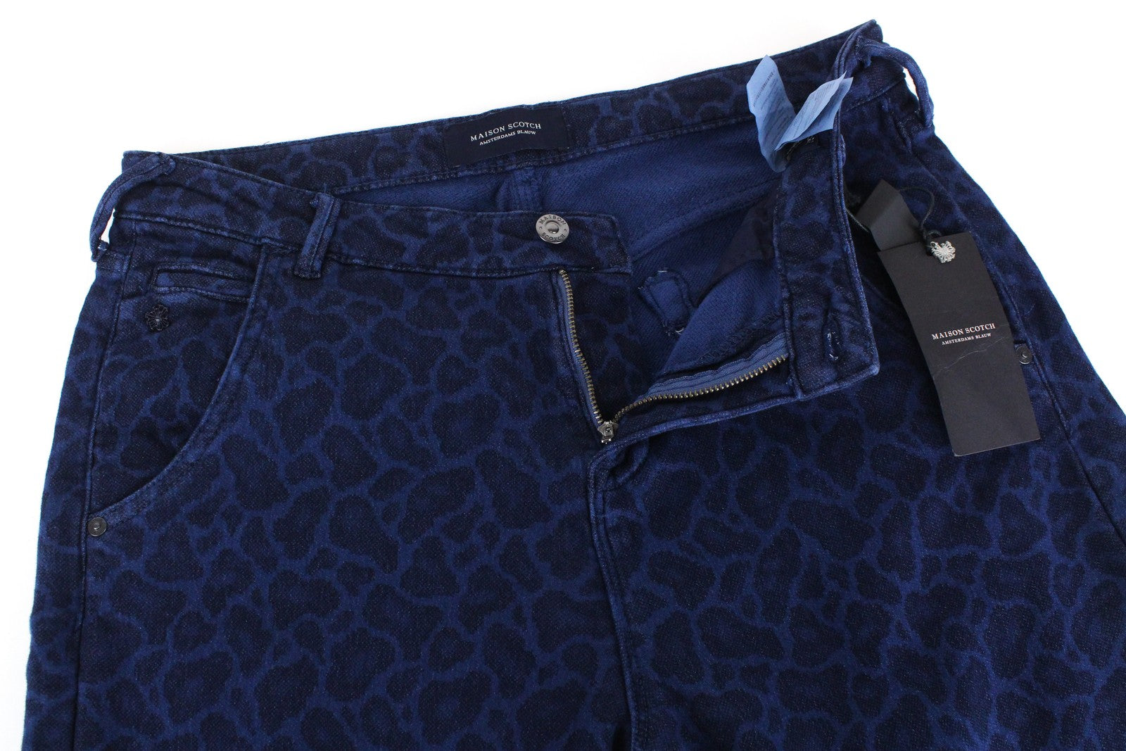 MAISON SCOTCH Mademoiselle Women Trousers L Blue Taper Cotton Stretch Patterned