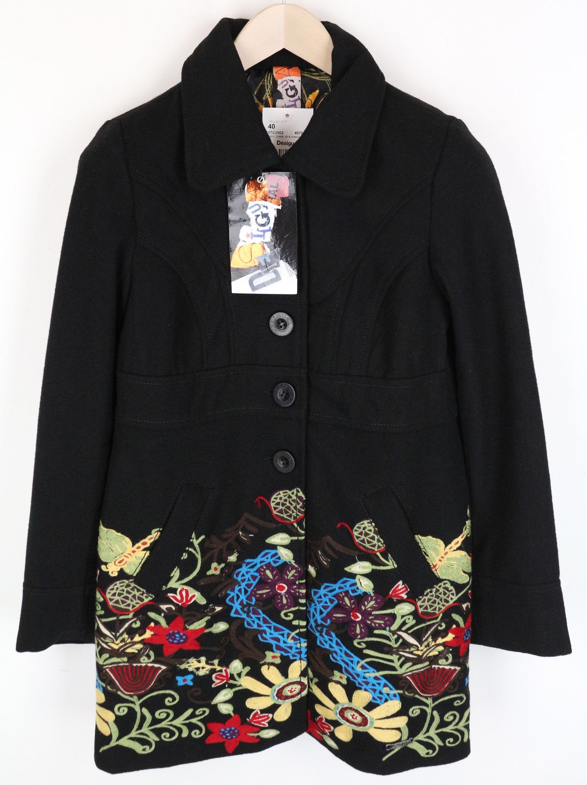 DESIGUAL Diana Women Coat 40 Black Embroidered Single-Breasted Collared