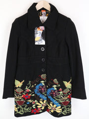DESIGUAL Diana Women Coat 40 Black Embroidered Single-Breasted Collared