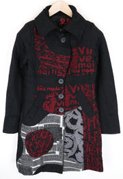 DESIGUAL Women Coat ~38 Black Pattern Crinkle Effect Cotton Blend Single-Breast