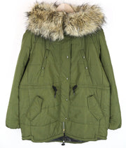 REPLAY Women Jacket M Green Single-Breasted Zip Snaps Hooded Faux Fur Parka