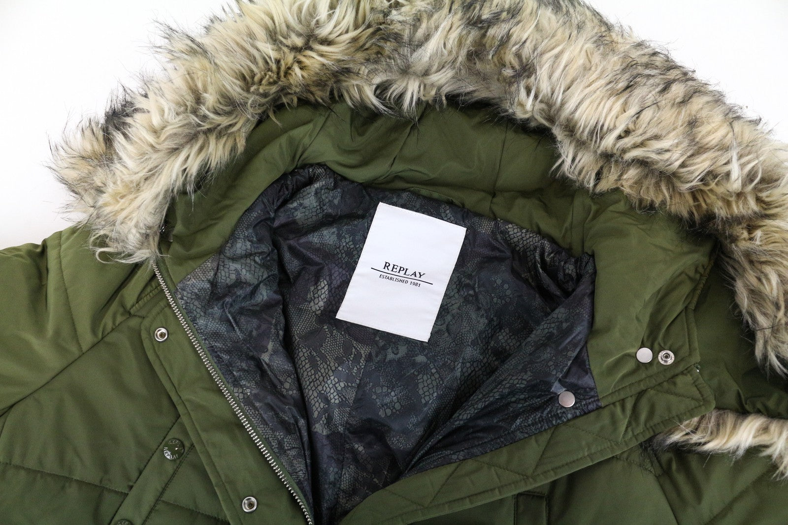 REPLAY Women Jacket M Green Single-Breasted Zip Snaps Hooded Faux Fur Parka