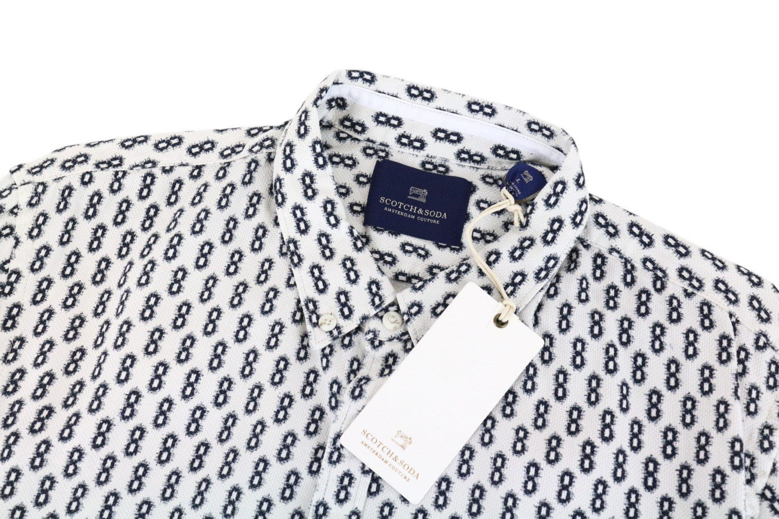 SCOTCH & SODA Ams Couture Men Shirt L White Pure Cotton Patterned Long Sleeve