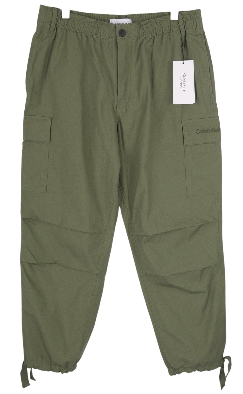 CALVIN KLEIN Essential Regular Men Trousers M Green Cargo Elastic Waist Logo