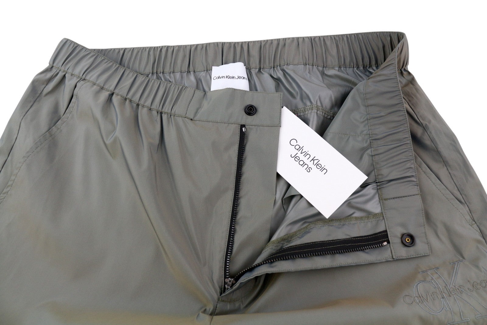 CALVIN KLEIN Men Trousers XL Grey Elastic Waist Shiny Look Thin Track Zip Cargo