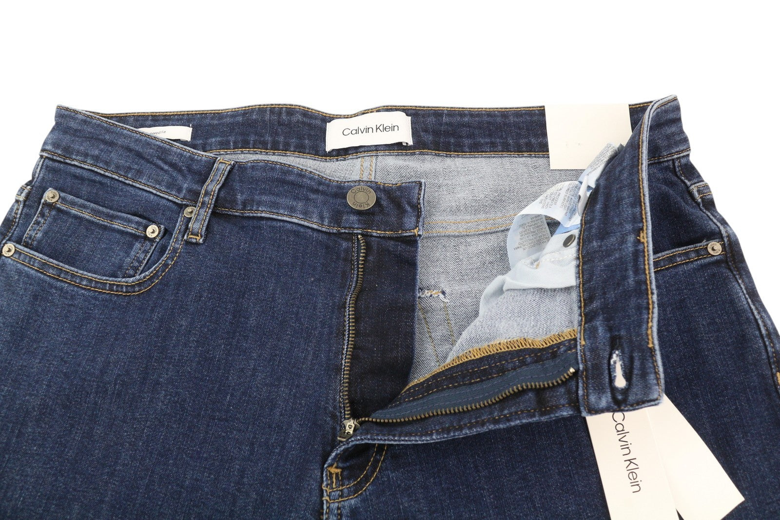 CALVIN KLEIN Men Jeans W34/L32 Dark Blue Tapered Fit Stretch Zip Fly Logo Denim