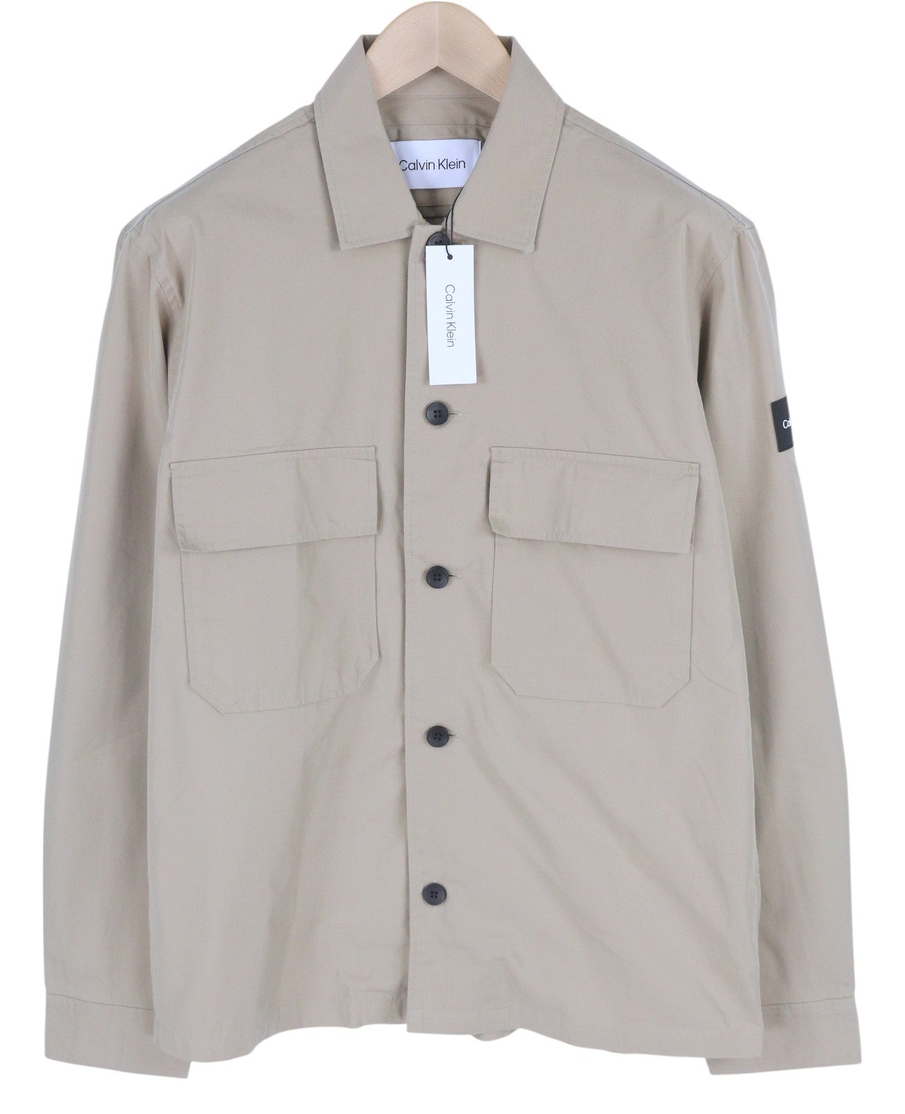CALVIN KLEIN Men Shirt M Beige Button-Up Polo Patch Pockets Overshirt RRP119