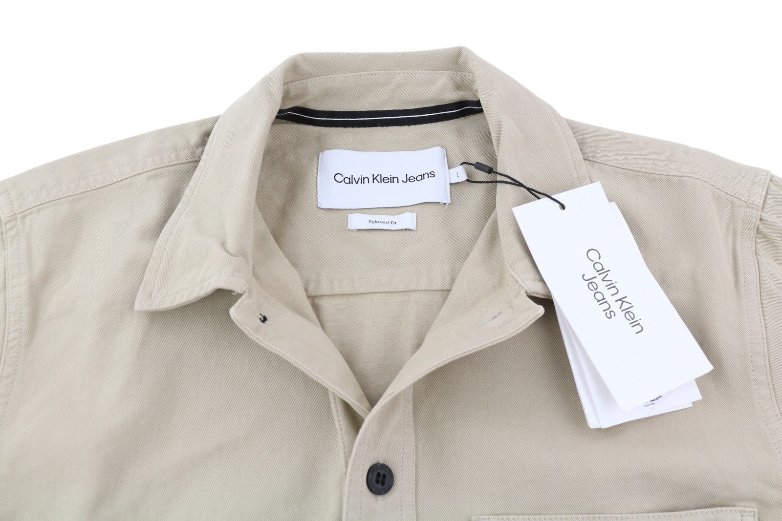 CALVIN KLEIN Men Shirt S Beige Relaxed Fit Button Logo Patch Pocket Overshirt
