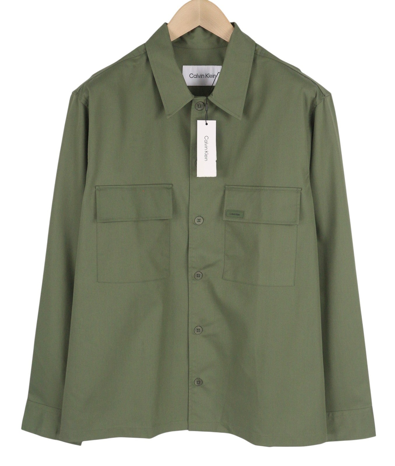 CALVIN KLEIN Minimal Twill Men Shirt S Green Spread Patch Pockets Overshirt