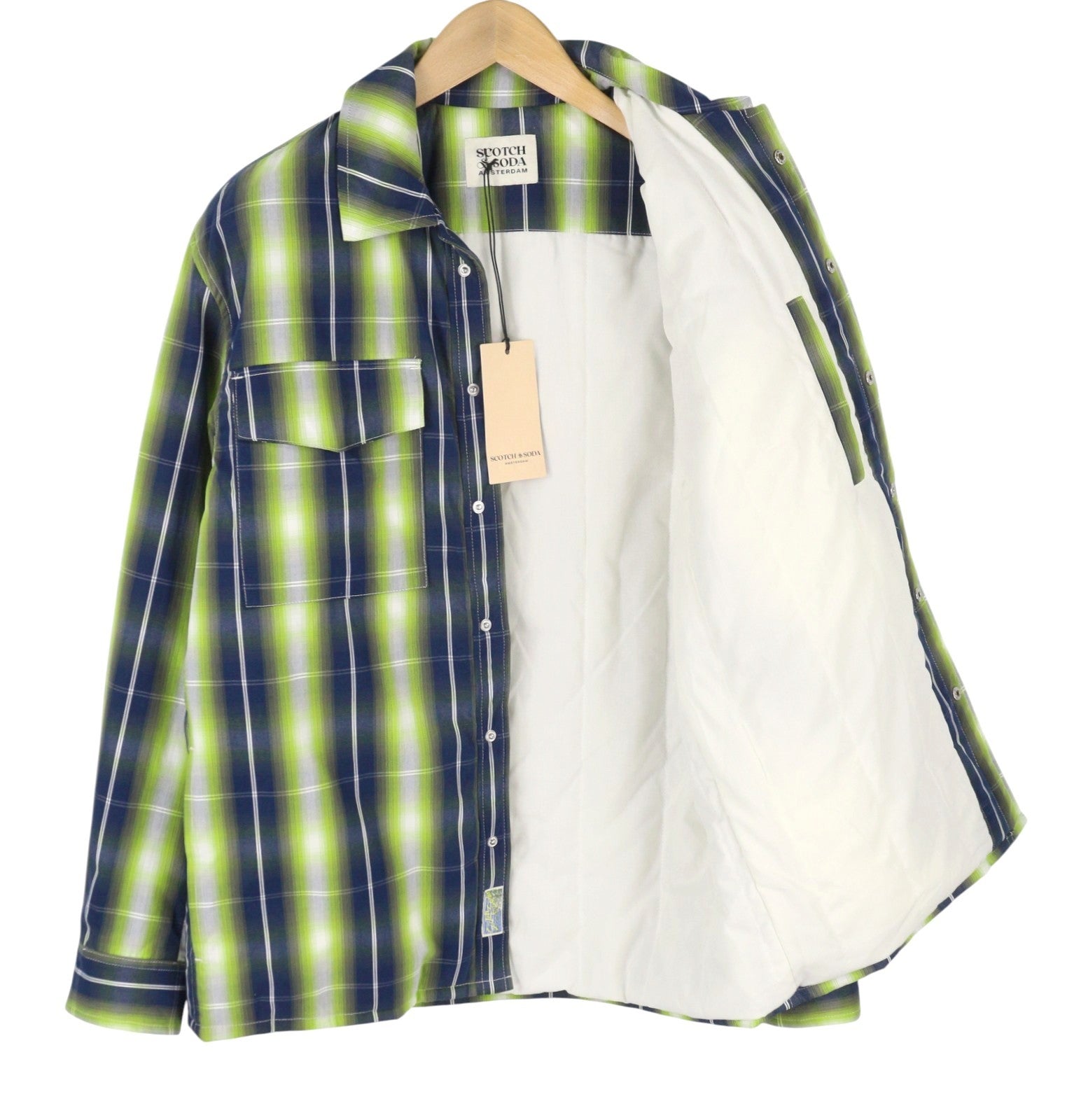 SCOTCH & SODA Men Jacket M Green Plaid Print Padded Snap Buttons Lightweight