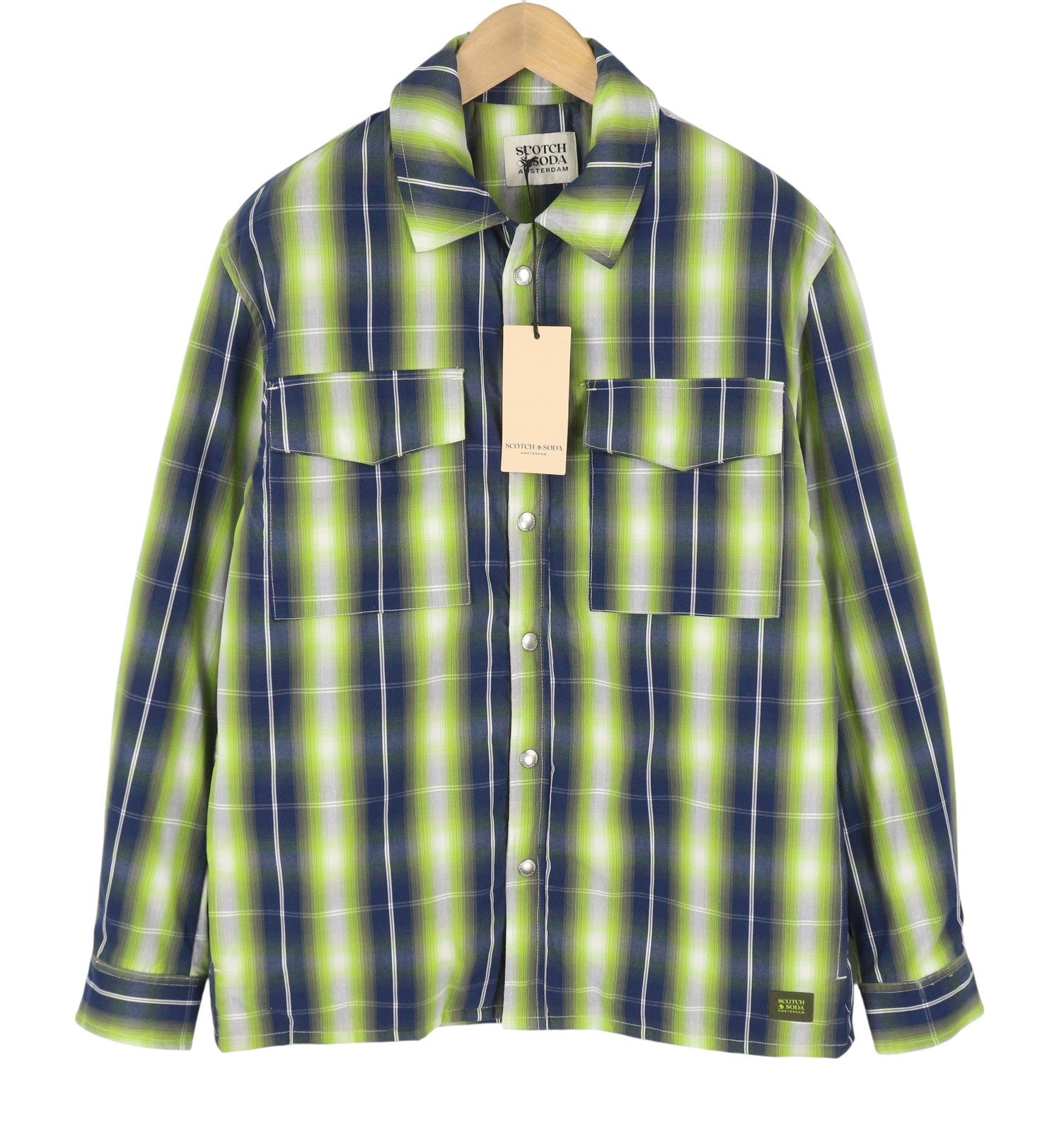 SCOTCH & SODA Men Jacket M Green Plaid Print Padded Snap Buttons Lightweight