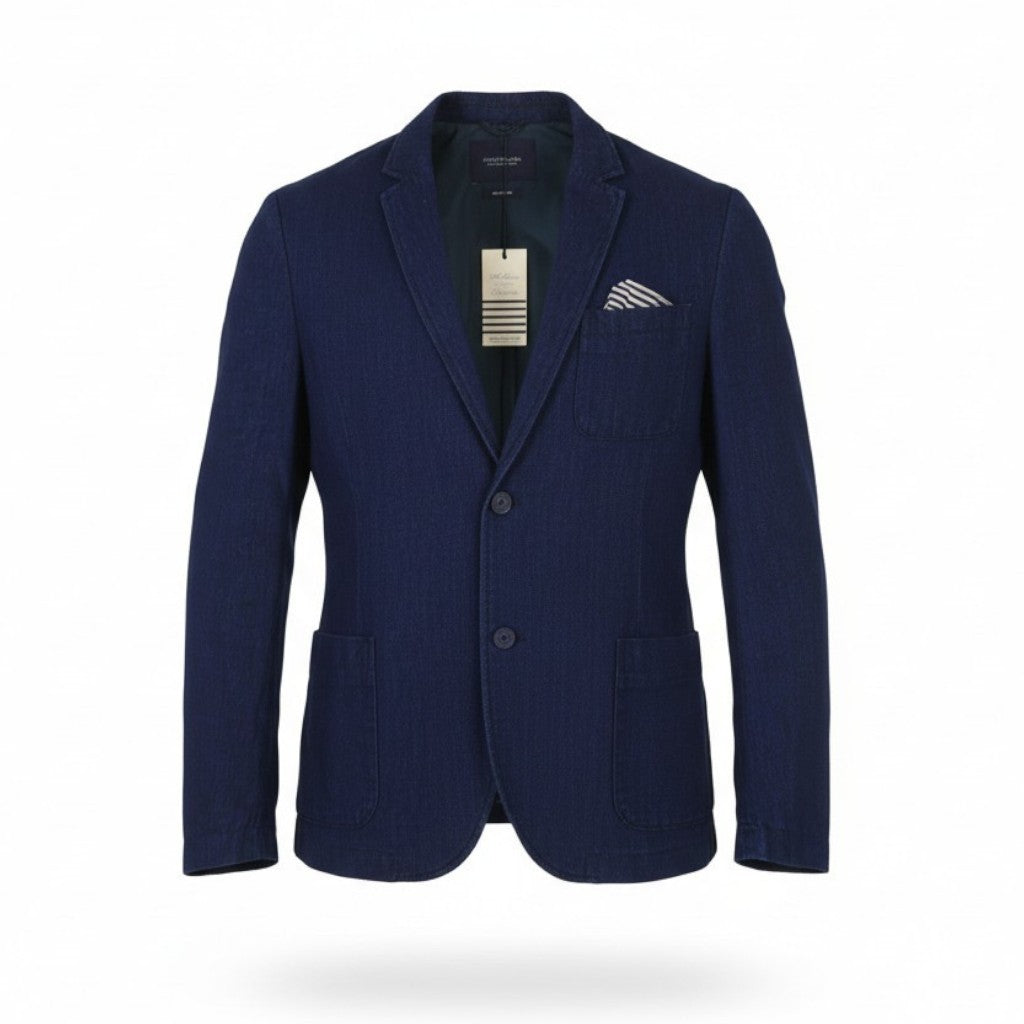 SCOTCH & SODA Men Blazer M Dark Blue Cotton Notch Lapel Single-Breasted