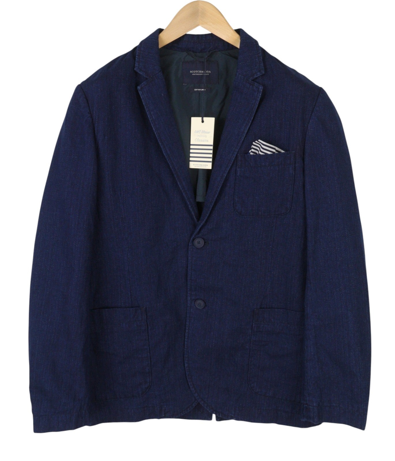 SCOTCH & SODA Men Blazer M Dark Blue Cotton Notch Lapel Single-Breasted
