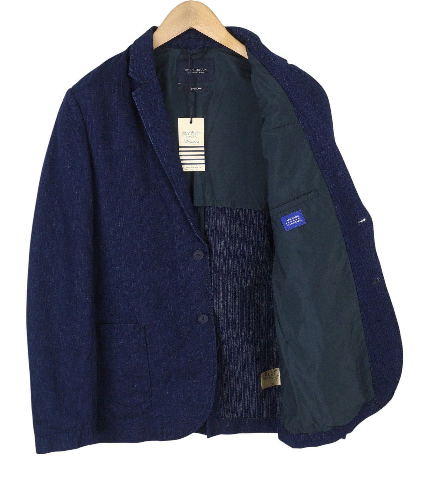 SCOTCH & SODA Men Blazer M Dark Blue Cotton Notch Lapel Single-Breasted