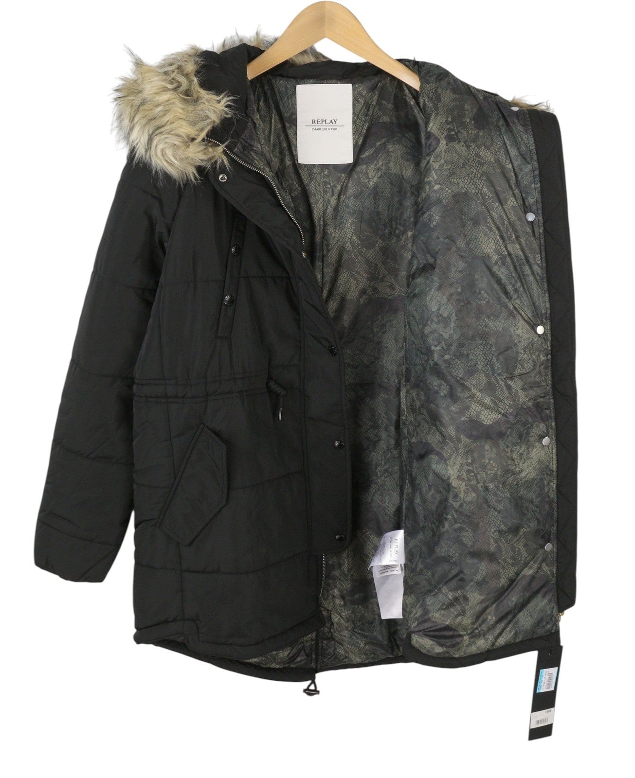 REPLAY Women Jacket M Black Padded Quilted Drawstring Waist Parka