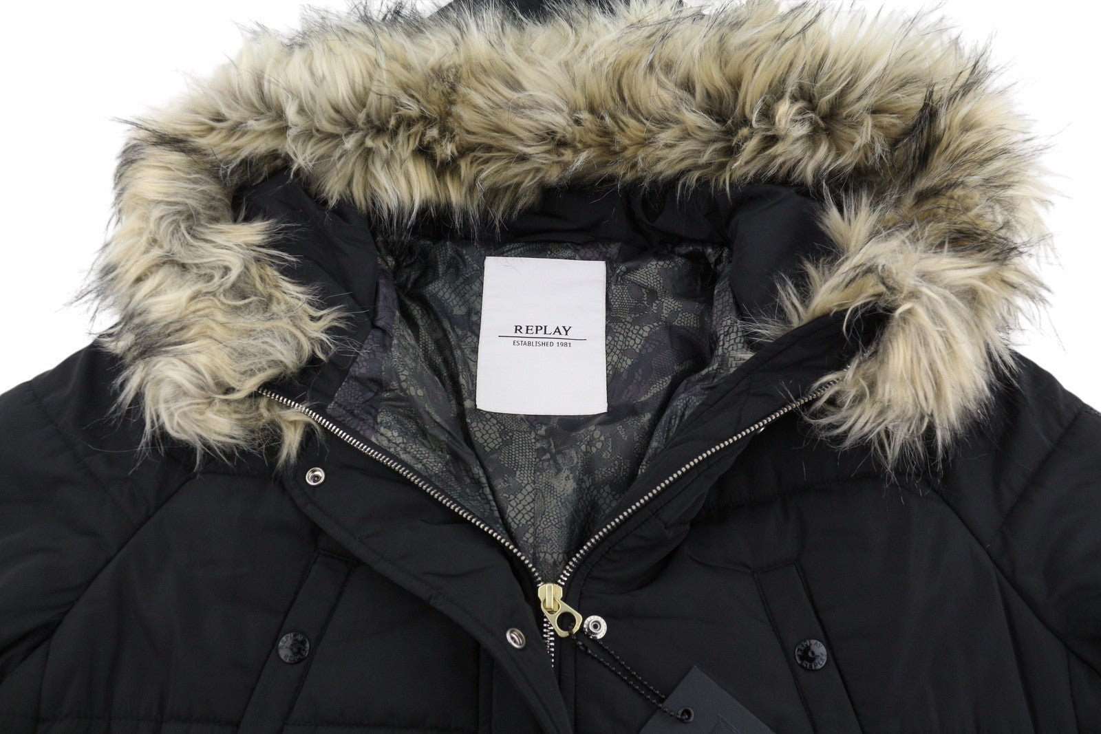 REPLAY Women Jacket M Black Padded Quilted Drawstring Waist Parka