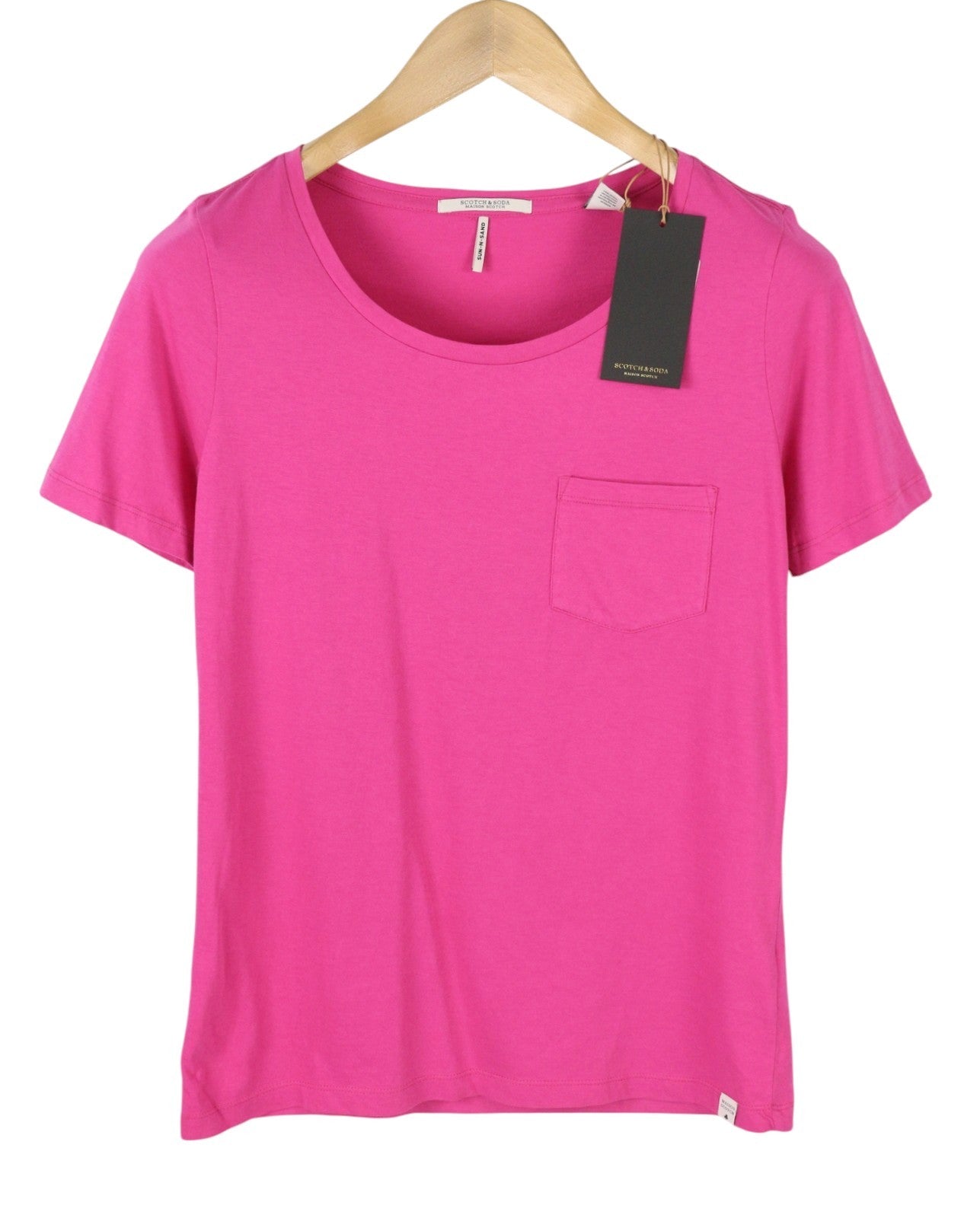 MAISON SCOTCH Women T-Shirt XS Pink Round Neck Patch Pocket Short Sleeve