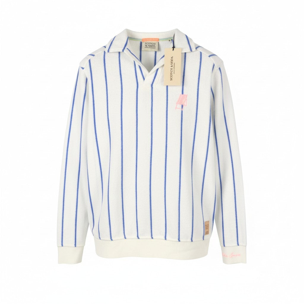 SCOTCH & SODA Men Sweatshirt M White Terry Fabric Pinstriped V-Neck Pull On