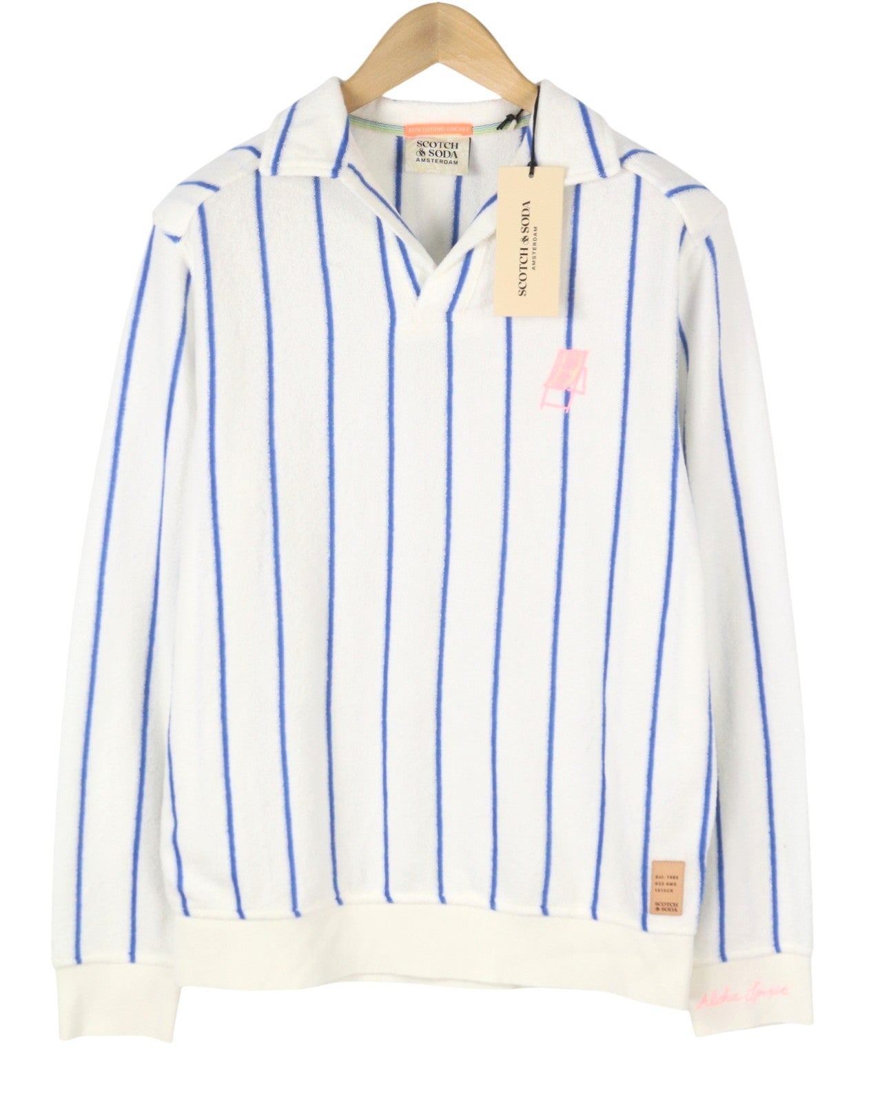SCOTCH & SODA Men Sweatshirt M White Terry Fabric Pinstriped V-Neck Pull On