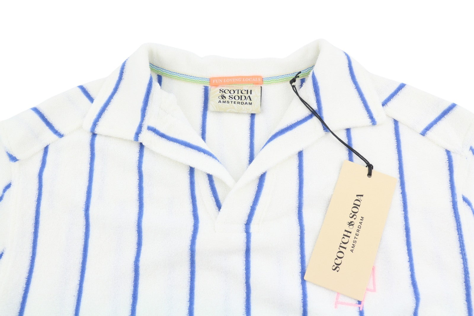 SCOTCH & SODA Men Sweatshirt M White Terry Fabric Pinstriped V-Neck Pull On