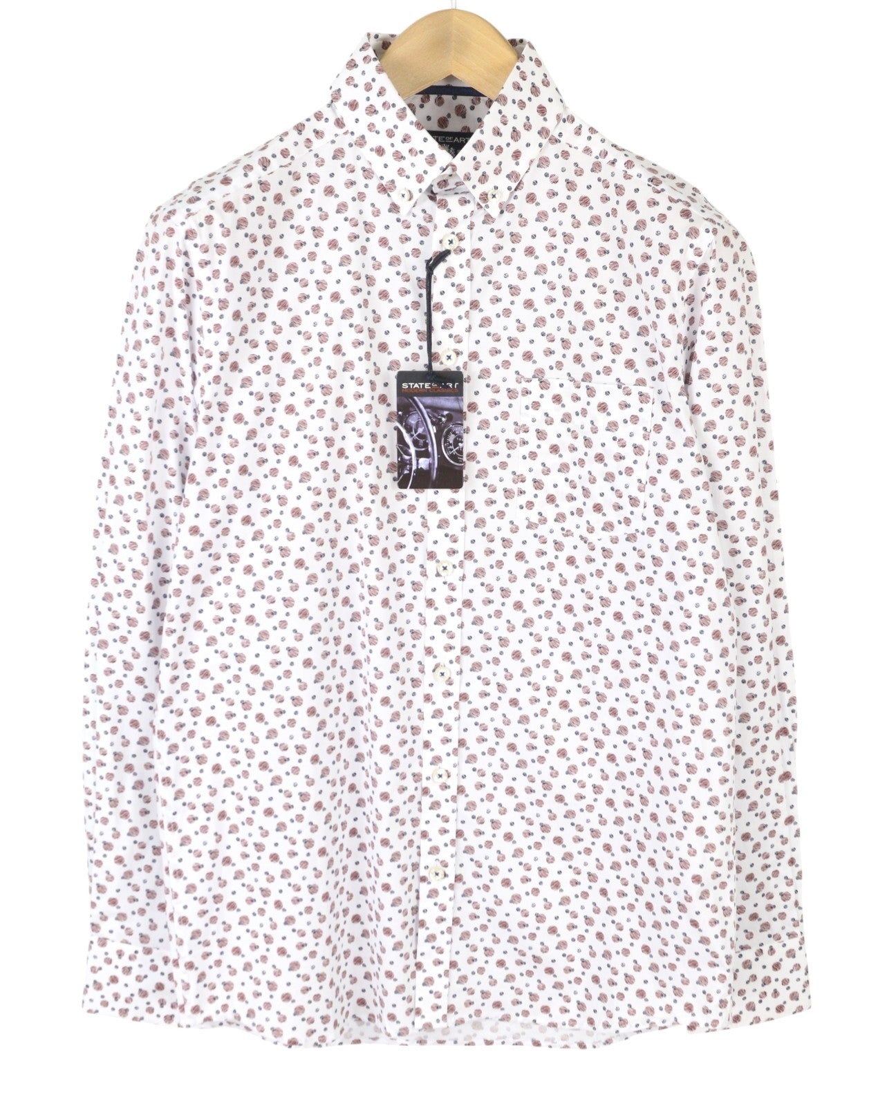 STATE OF ART Men Shirt S White All-Over Print Regular Fit Button-Up Spread Neck