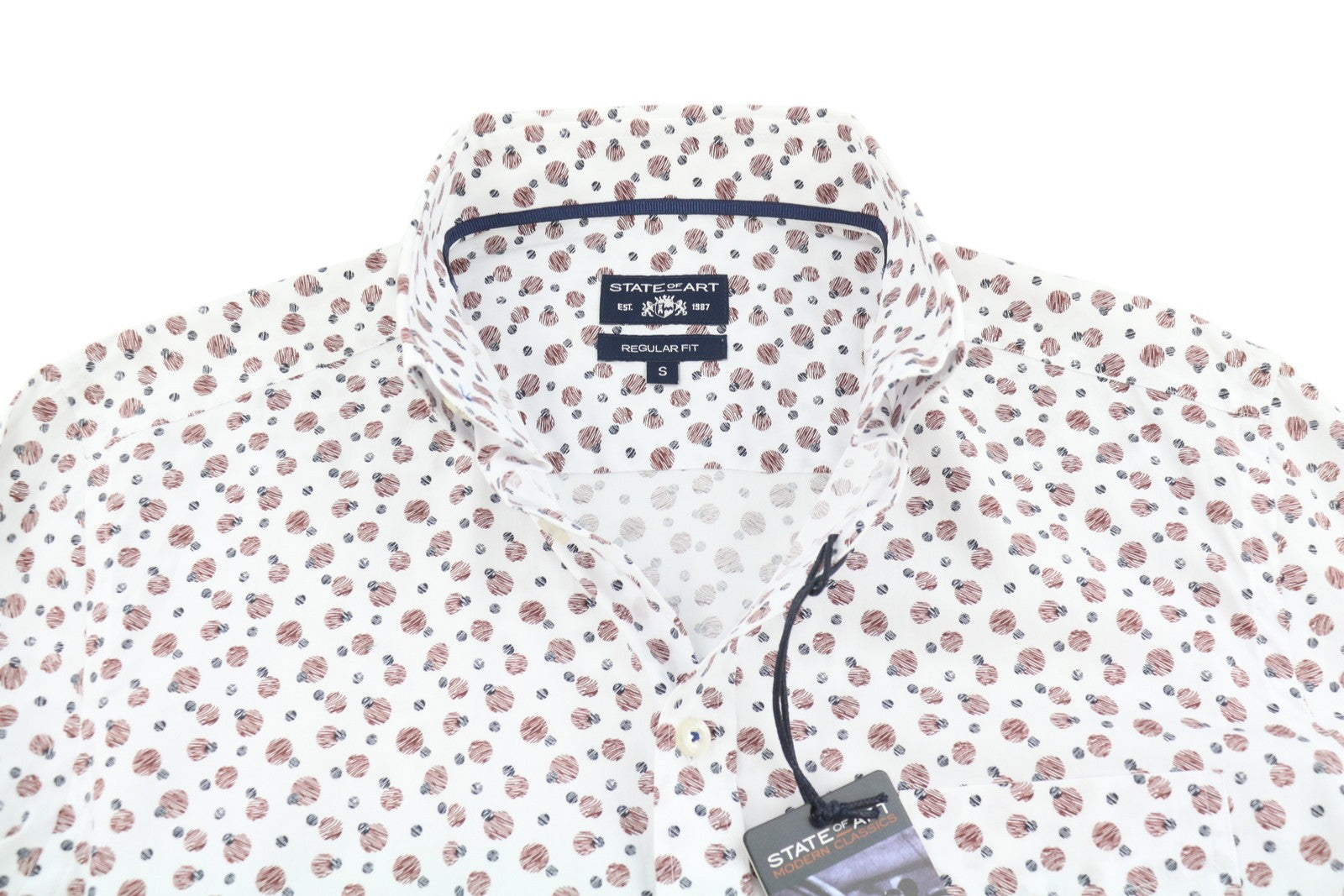 STATE OF ART Men Shirt S White All-Over Print Regular Fit Button-Up Spread Neck
