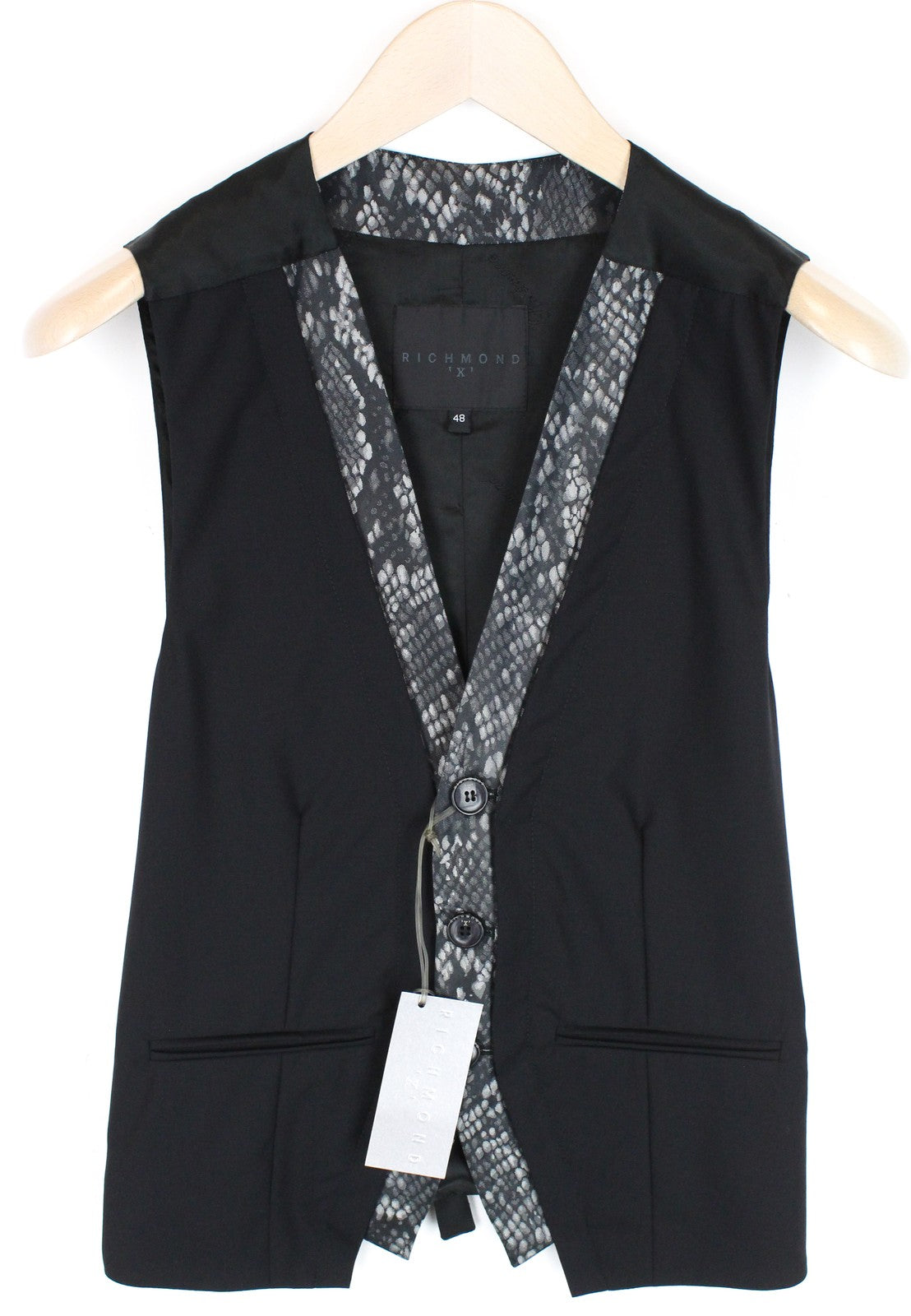 RICHMOND  Men Waistcoat 48 Black Wool Stretch Single-Breasted Classic Snake