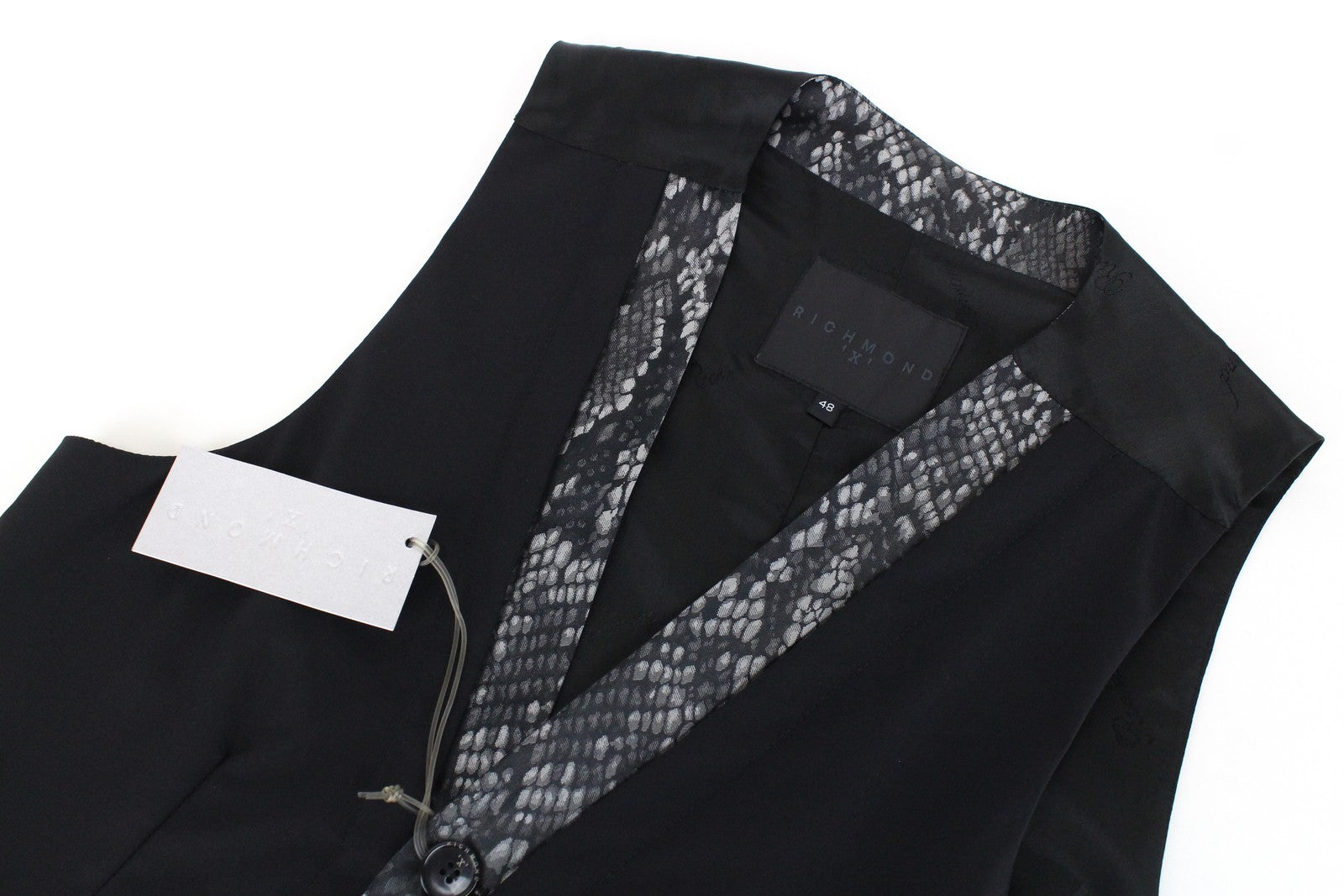 RICHMOND  Men Waistcoat 48 Black Wool Stretch Single-Breasted Classic Snake