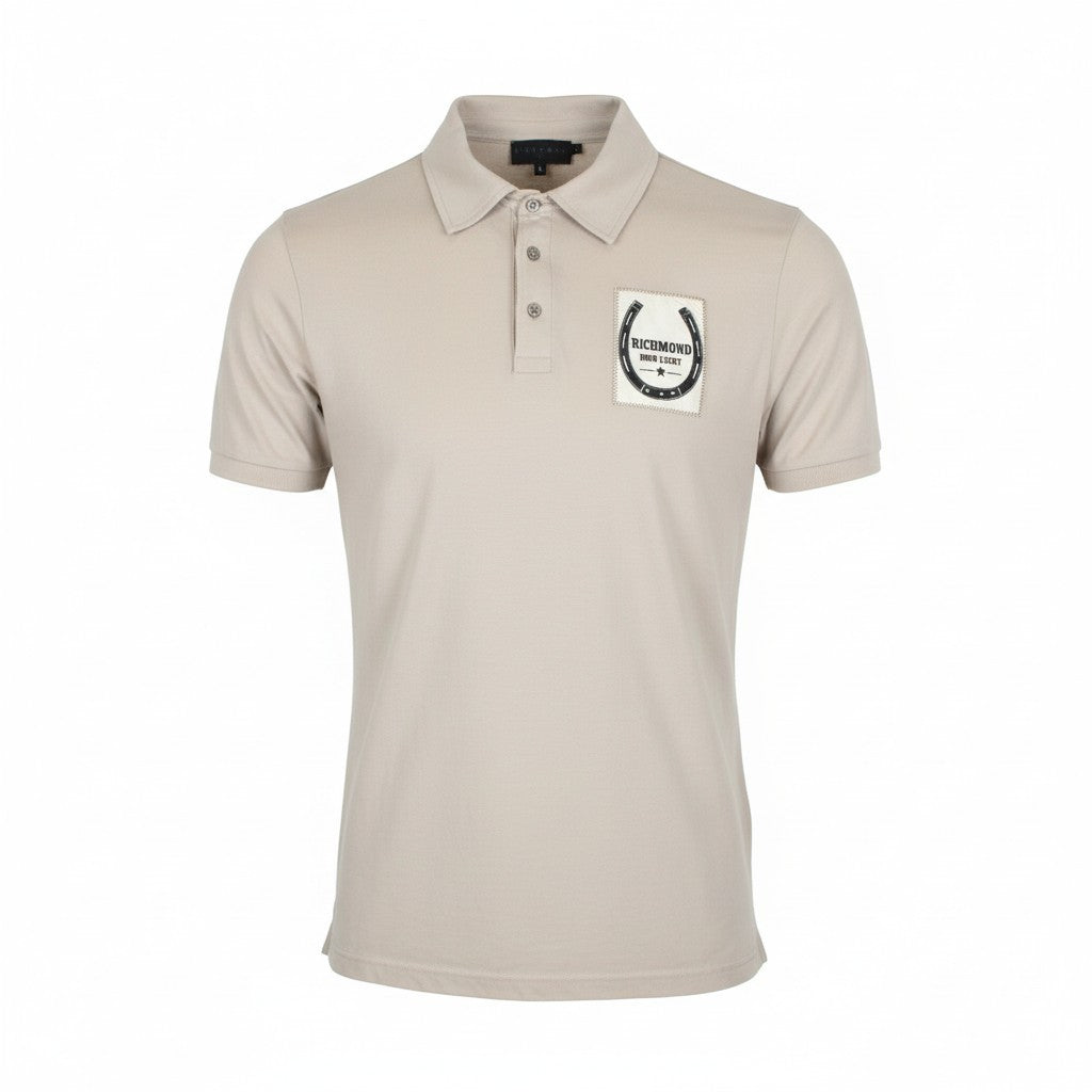 RICHMOND  Men T-Shirt L Beige Pure Cotton Short Sleeved Logo Collared Polo